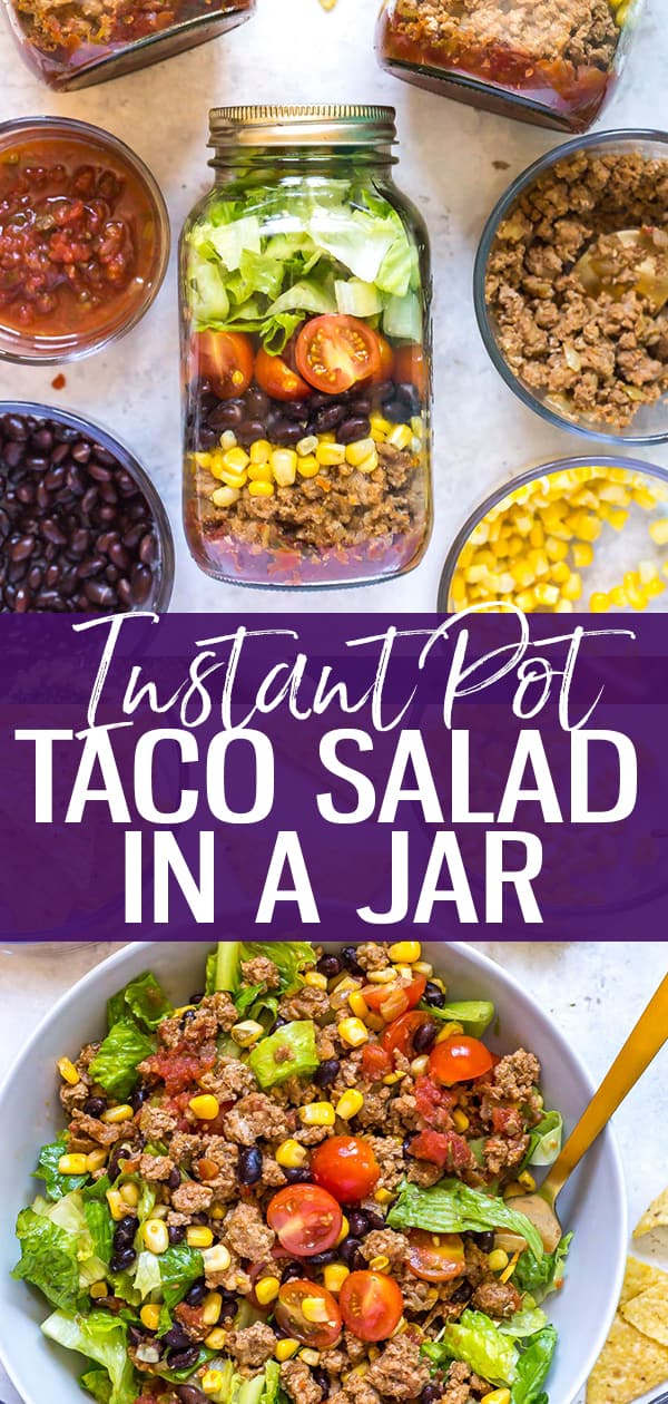 This Instant Pot Taco Meat is the perfect filling for taco salad jars! You can make it with ground beef, chicken or turkey and it all comes together with mostly simple ingredients from your pantry too! #instantpot #tacosalad #instantpottacomeat