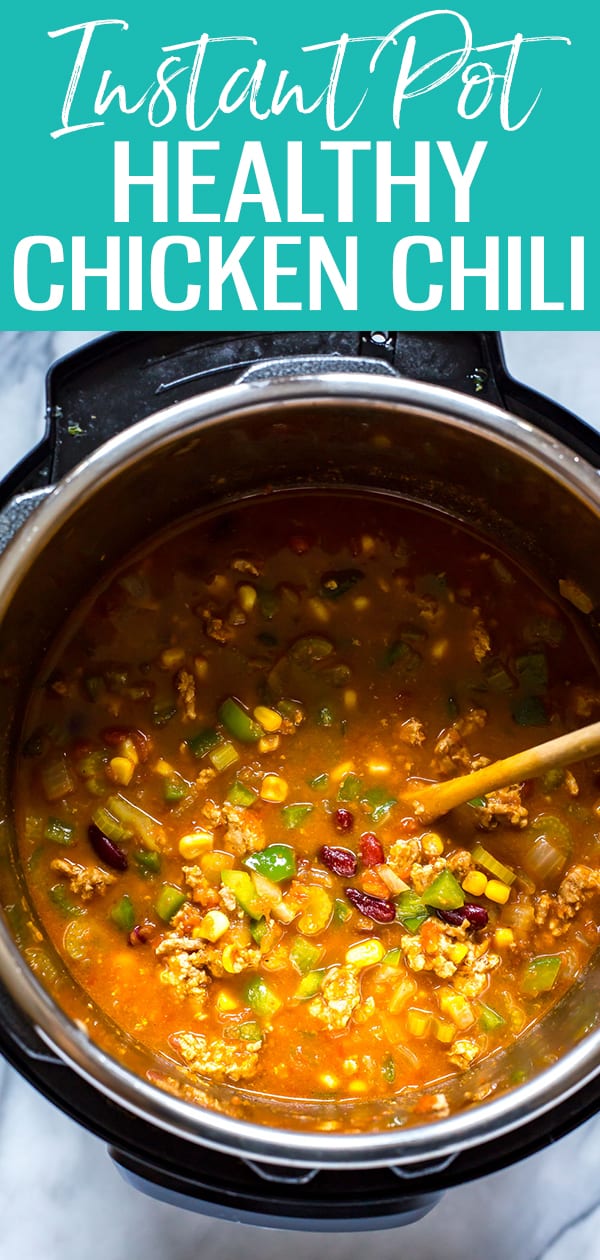 This Instant Pot Chicken Chili is a delicious comfort food classic made lighter by using ground chicken, and it comes together in under 30 minutes in your pressure cooker! #chickenchilli #instantpot
