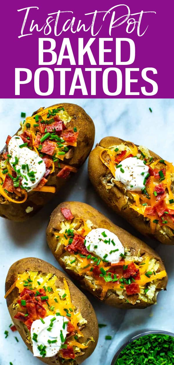 These Instant Pot Baked Potatoes come fully loaded with bacon, cheddar, sour cream and chives - and they cook way faster than in the oven!  #instantpot #instantpot #bakedpotatoes