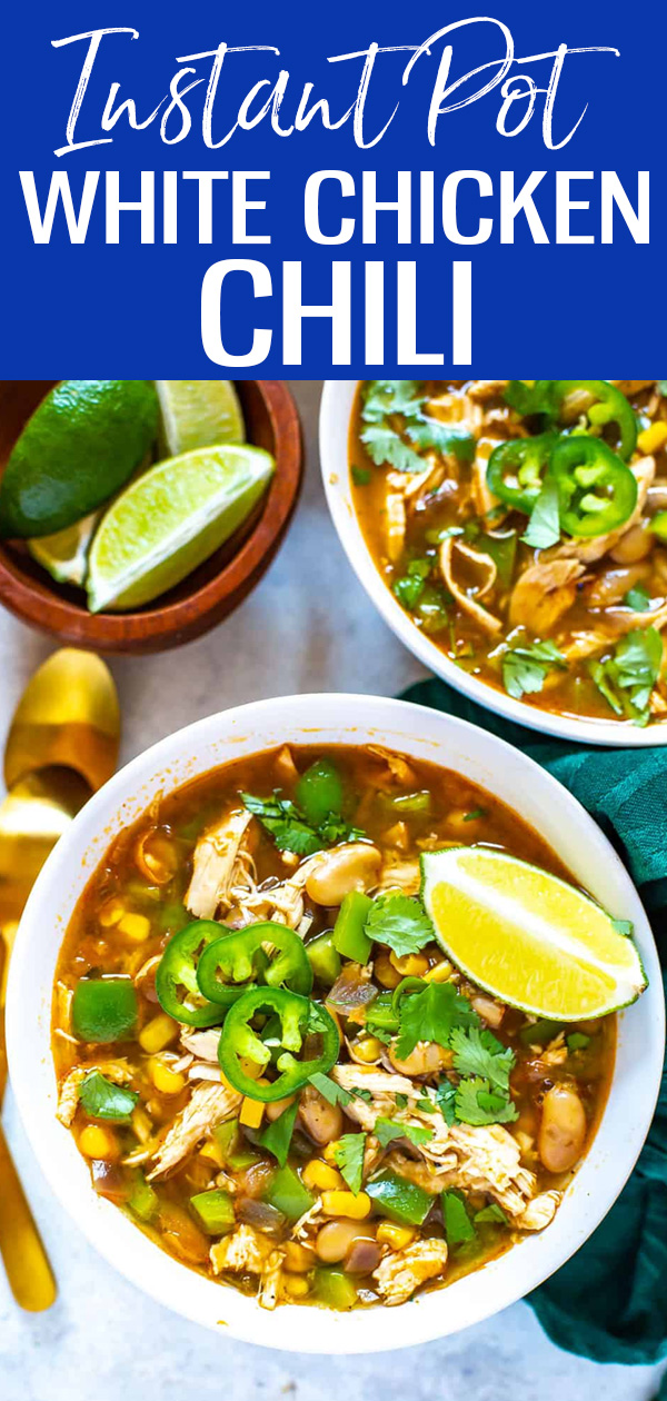 This Instant Pot White Chicken Chili is a delicious spin on the classic made with green chilis, white beans and shredded chicken! #instantpot #whitechili #chickenchili
