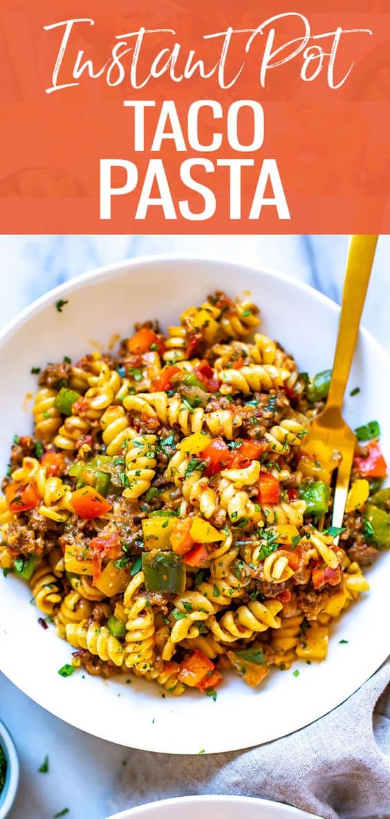 This Instant Pot Taco Pasta is a delicious, cheesy pasta recipe perfect for busy weeknights and weekly meal prep. Just add pasta, ground beef, salsa, cheese, and bell peppers. #instantpot #tacopasta