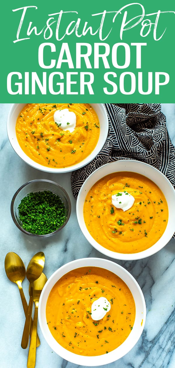 This Instant Pot Carrot Ginger Soup is a quick 30-minute vegan soup recipe made creamy with coconut milk. This carrot soup is nutritious and has the perfect velvety texture, too! #carrotsoup #instantpot