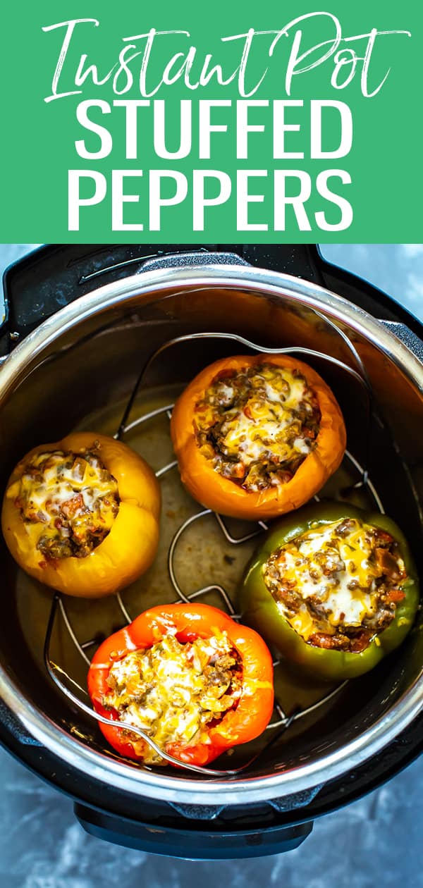 These Instant Pot Stuffed Peppers with ground beef are a delicious, low-carb option with a Mexican twist. Perfect for busy weeknights because this recipe minimizes clean up too! #instantpot #stuffedpeppers