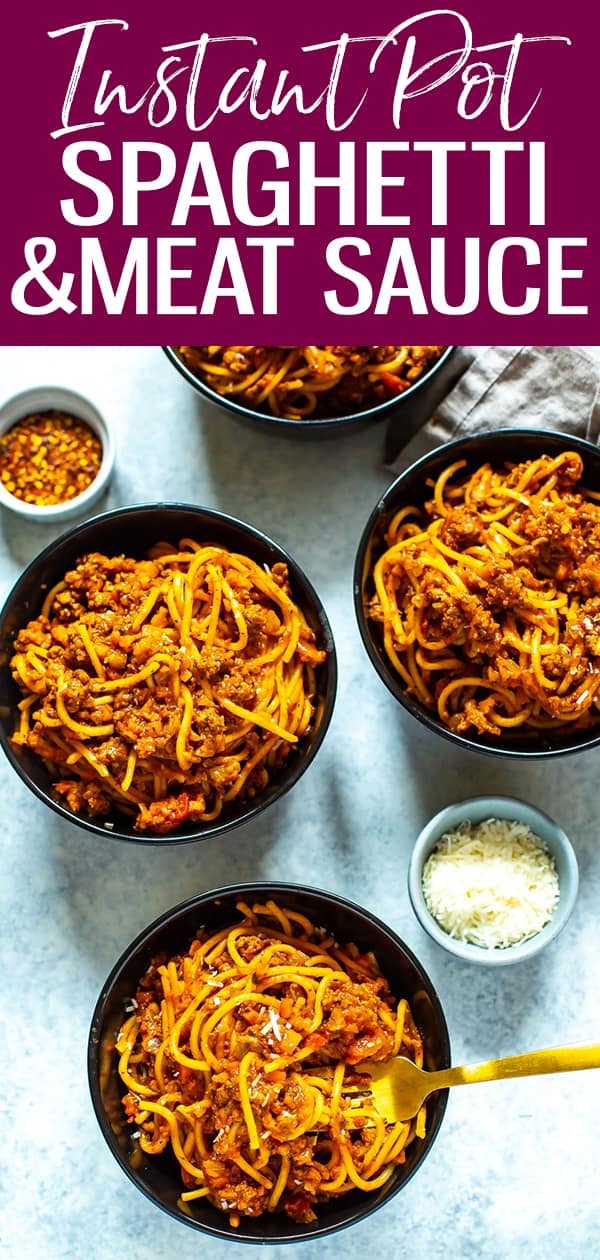This Instant Pot Spaghetti and Meat Sauce is made using an easy bolognese sauce with ground beef, carrots & celery and comes together in 30 minutes - it's the BEST Instant pot pasta! #instantpot #spaghetti #bolognese