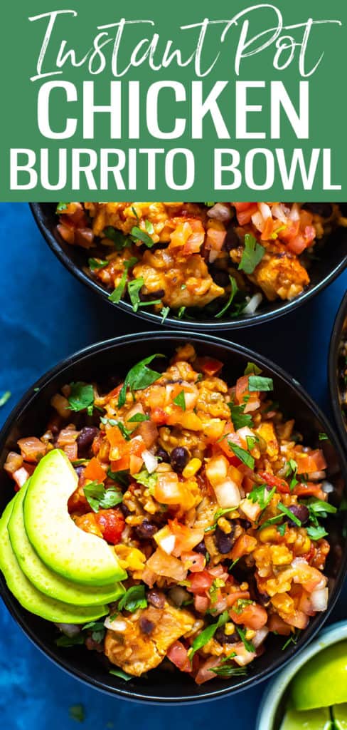 This Instant Pot Burrito Bowl recipe is made with chicken, diced tomatoes, frozen corn, black beans, cheese and rice - it's a super easy dump and go meal prep idea! #instantpot #burritobowl