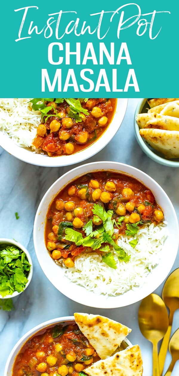 This Easy Instant Pot Chana Masala is a delicious vegetarian recipe - it's a tomato-based Indian chickpea curry that's hearty and comforting with lots of spice! #chanamasala #instantpot #chickpeacurry