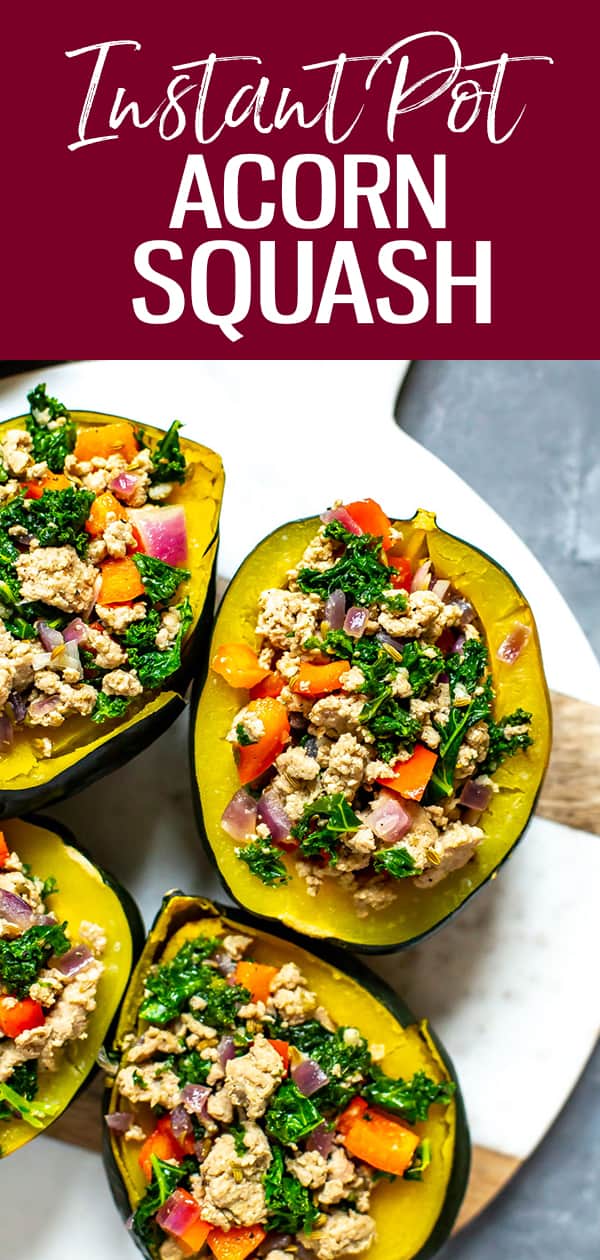 This Instant Pot Acorn Squash is stuffed with turkey sausage, red pepper, red onion and kale for a healthy and festive fall dinner idea! #instantpot #acornsquash