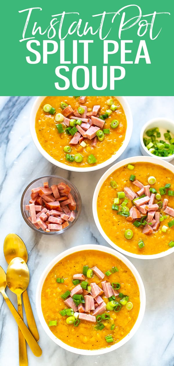 This Instant Pot Split Pea Soup can be made the traditional way with a leftover ham bone, or made vegan for all to enjoy! It's a great way to use up holiday leftovers. #instantpot #splitpeasoup