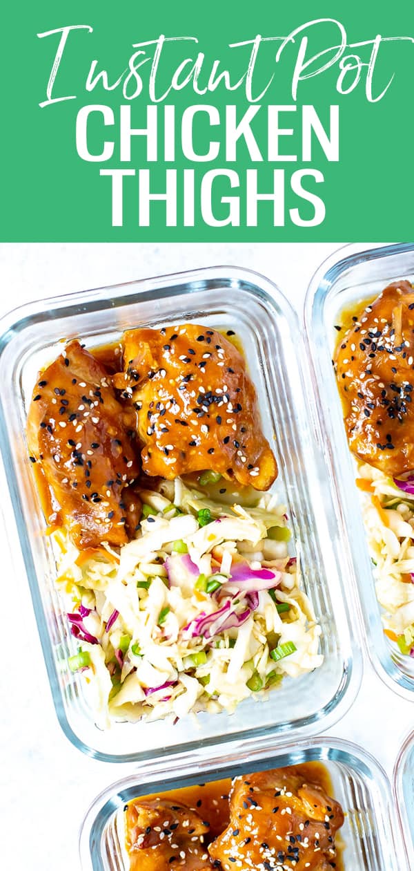 The Best Instant Pot Chicken Thighs come together in under 30 minutes with a delicious sticky-sweet honey garlic sauce. Serve with Asian coleslaw for a full meal! #instantpot #chickenthighs