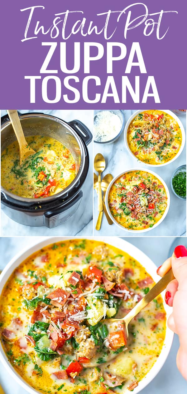 This Instant Pot Zuppa Toscana Soup tastes just like the Olive Garden dish! Top this creamy sausage and kale soup with bacon and parmesan. #zuppatoscana #instantpot