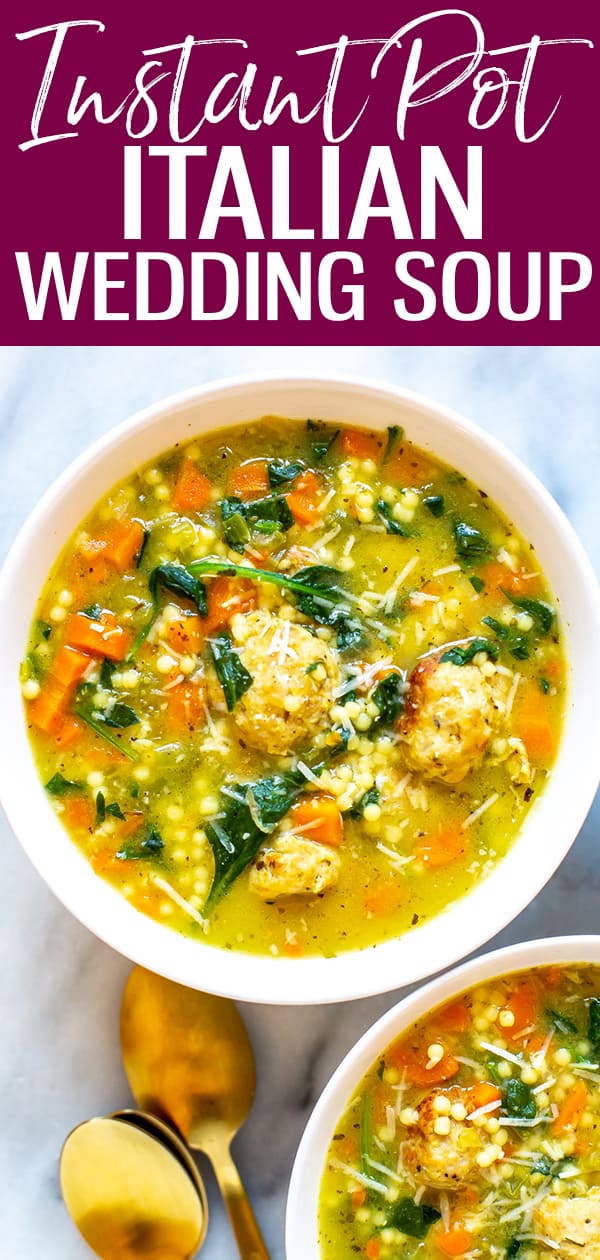 This Instant Pot Italian Wedding Soup is a hearty soup with meatballs, parmesan cheese and rich broth made easy thanks to your pressure cooker! #instantpot #italianweddingsoup