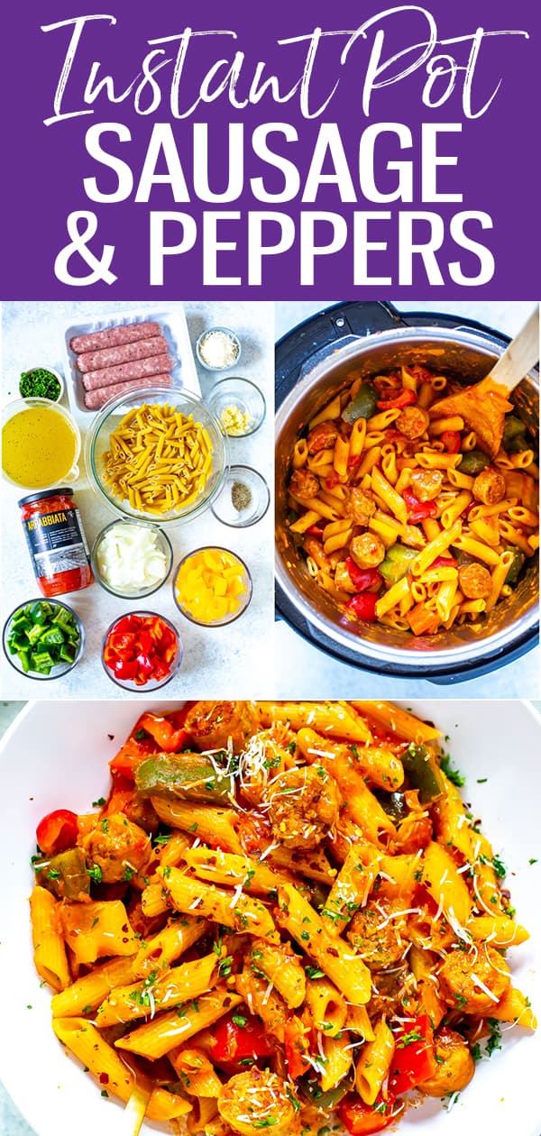This Instant Pot Sausage and Peppers with penne is a delicious one pot meal that comes together in about half an hour! Just saute the sausage and pressure cook the rest! #sausageandpeppers #instantpot