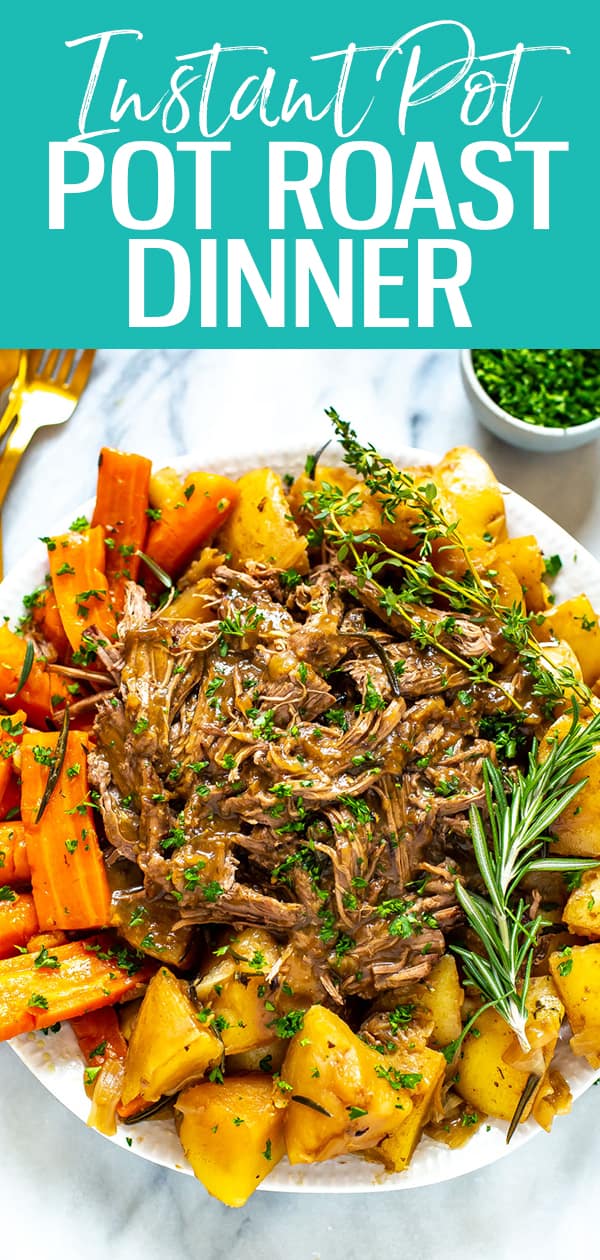 This Instant Pot Pot Roast is the BEST EVER: tender, juicy beef that melts in your mouth accompanied by potatoes & carrots - it's comfort food at its best! #InstantPot #PotRoast