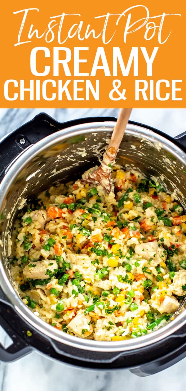 This Instant Pot Chicken and Rice is super creamy and delicious - no soup can required! Just add frozen veggies, sour cream and cheese. #instantpot #chickenandrice