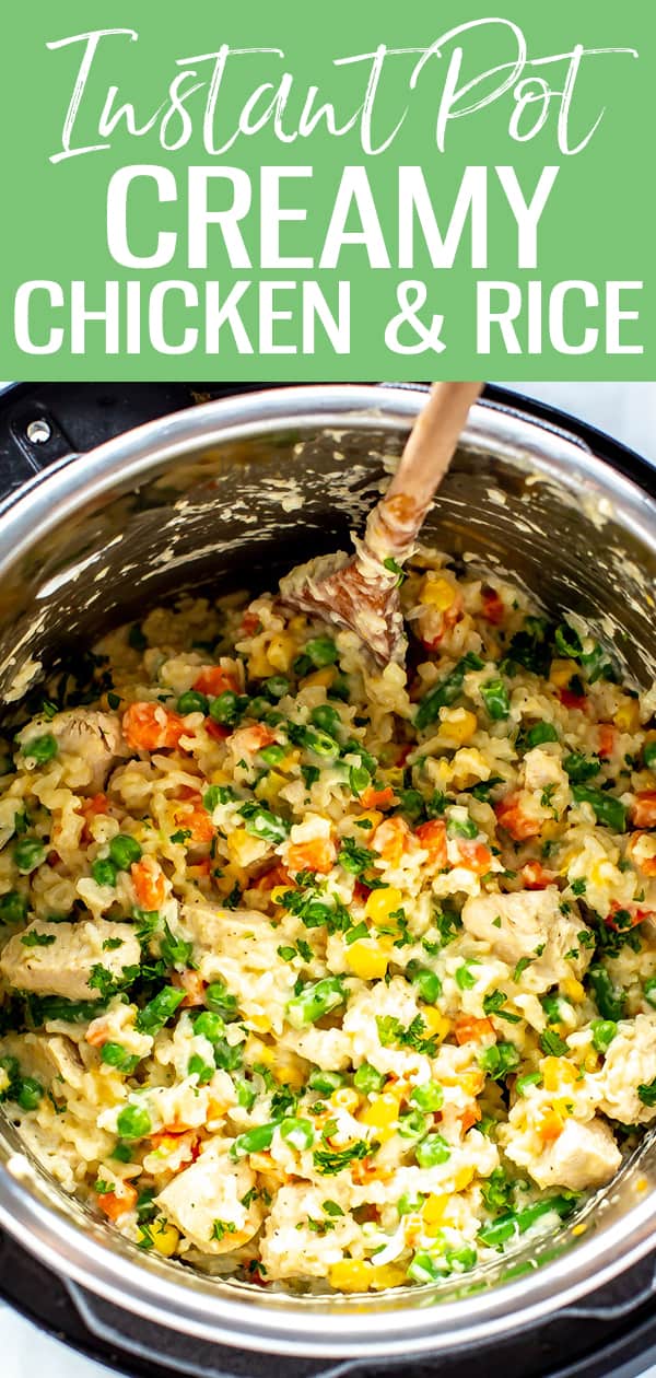 This Instant Pot Chicken and Rice is super creamy and delicious - no soup can required! Just add frozen veggies, sour cream and cheese. #instantpot #chickenandrice