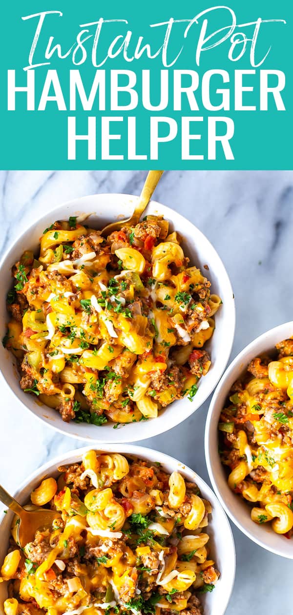 This is the cheesiest, most delicious Instant Pot Hamburger Helper copycat! All you need is pasta, ground beef, diced tomatoes, cheddar and veggies #instantpot #hamburgerhelper