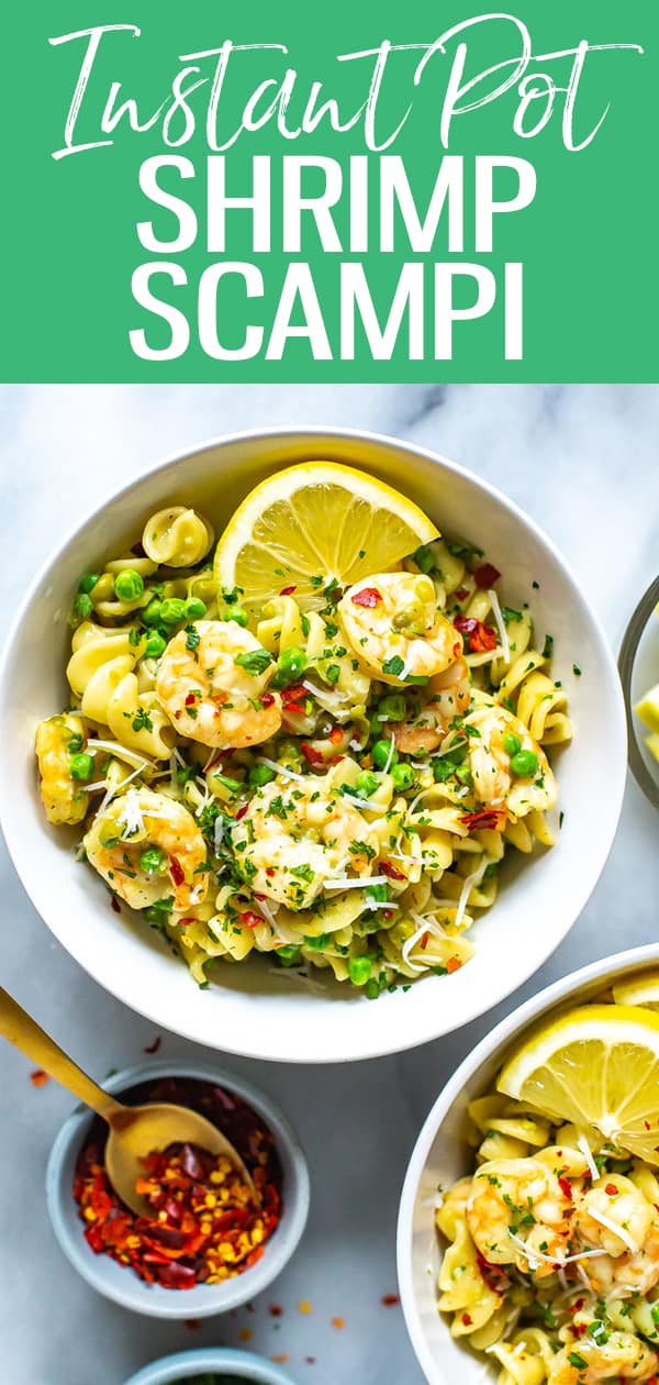 This Instant Pot Shrimp Scampi comes together in 30 minutes! Simply add frozen shrimp to butter, garlic and lemon juice, then pressure cook with pasta #instantpot #shrimpscampi