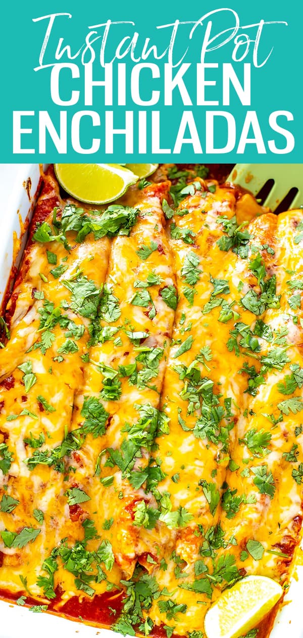 These Instant Pot Chicken Enchiladas are filled with tender pulled chicken, bell peppers and corn then topped with an easy enchilada sauce and cheese for a full meal! #instantpot #enchiladas