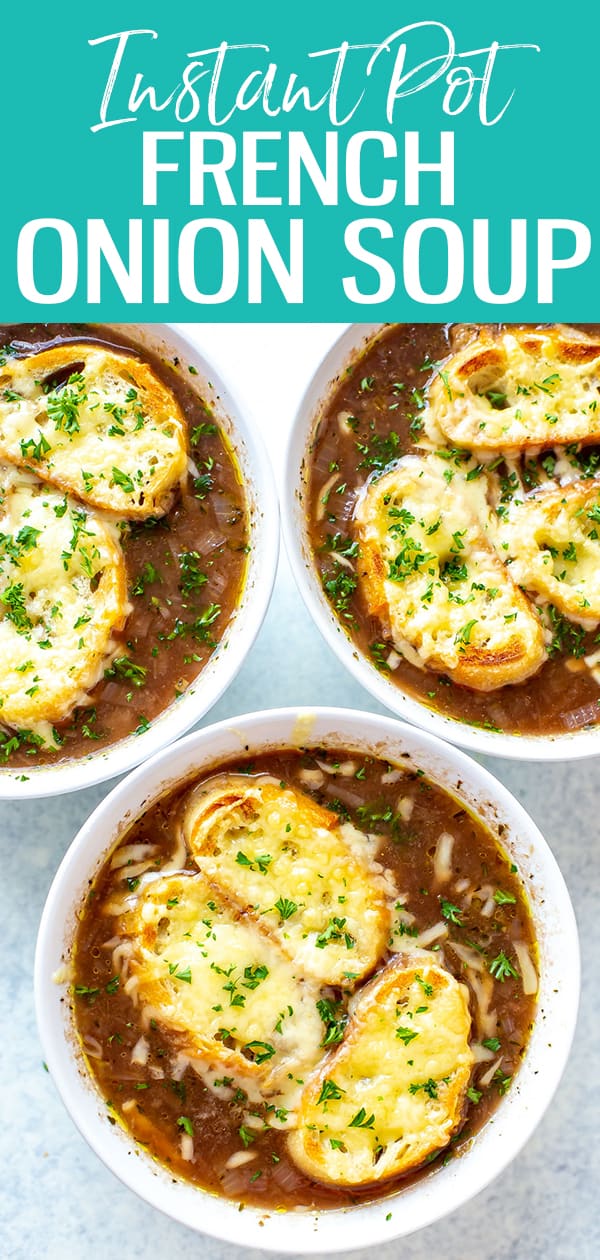 This Instant Pot French Onion Soup is a restaurant-quality dish with caramelized onions, red wine & beef broth, finished with baguette slices & Gruyere cheese #instantpot #frenchonionsoup