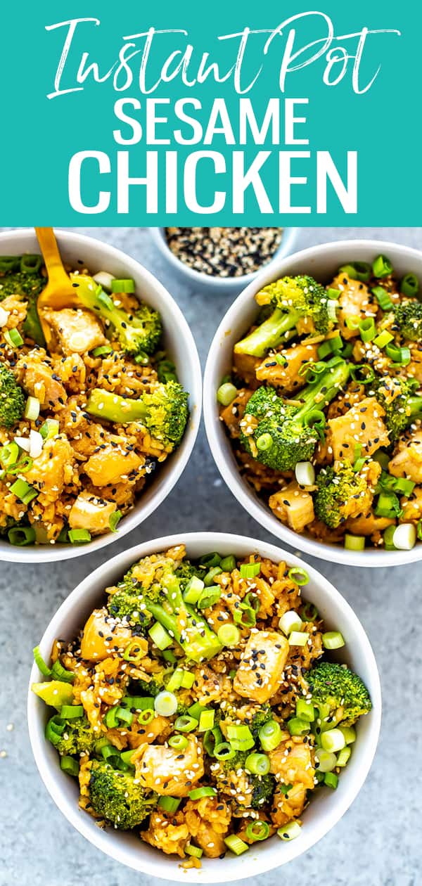This Instant Pot Sesame Chicken is a one pot dump dinner that comes together in 30 minutes - just add chicken, rice, broccoli and an easy sauce! #instantpot #sesamechicken