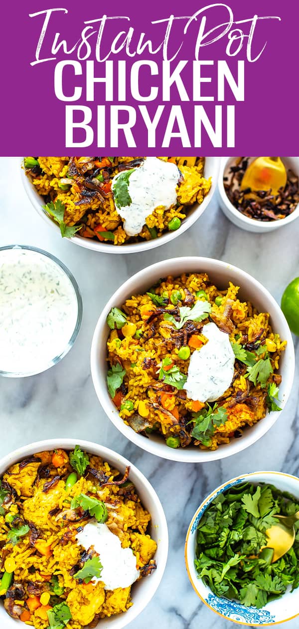 This Instant Pot Chicken Biryani is a delicious Indian-inspired rice dish filled with spices, basmati rice and frozen veggies then topped with yogurt #instantpot #biryani