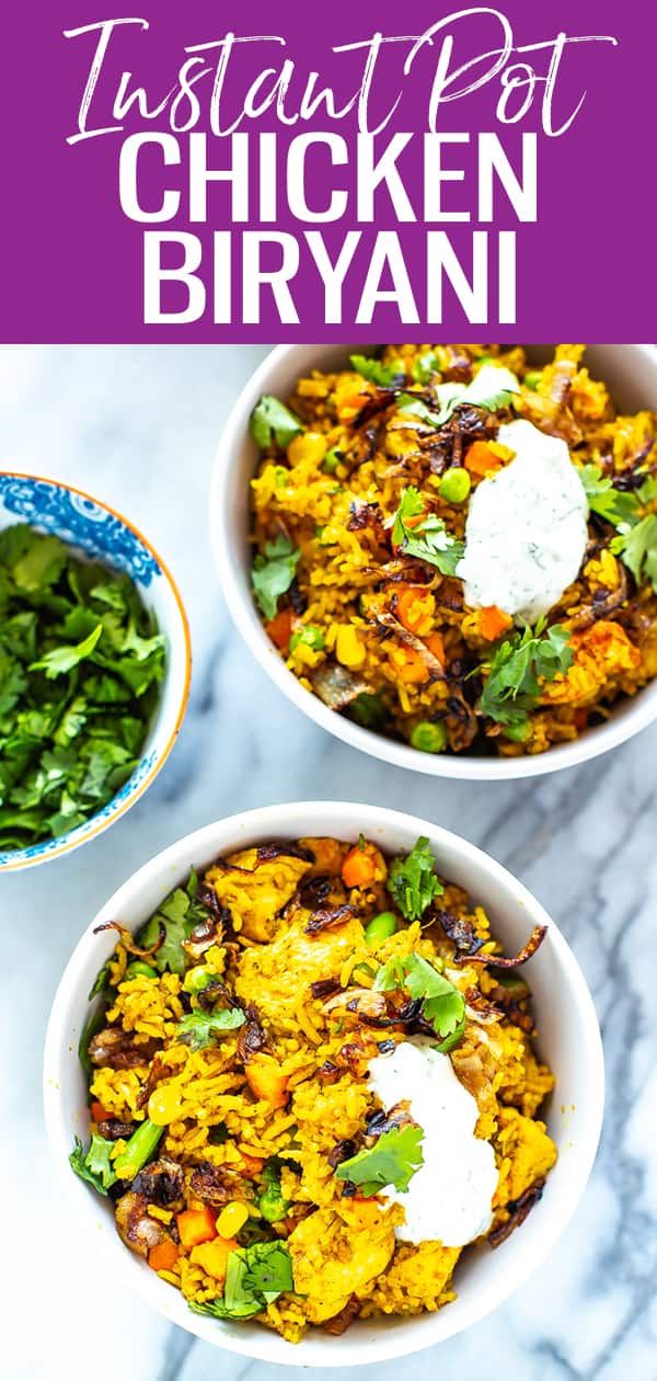 This Instant Pot Chicken Biryani is a delicious Indian-inspired rice dish filled with spices, basmati rice and frozen veggies then topped with yogurt #instantpot #biryani