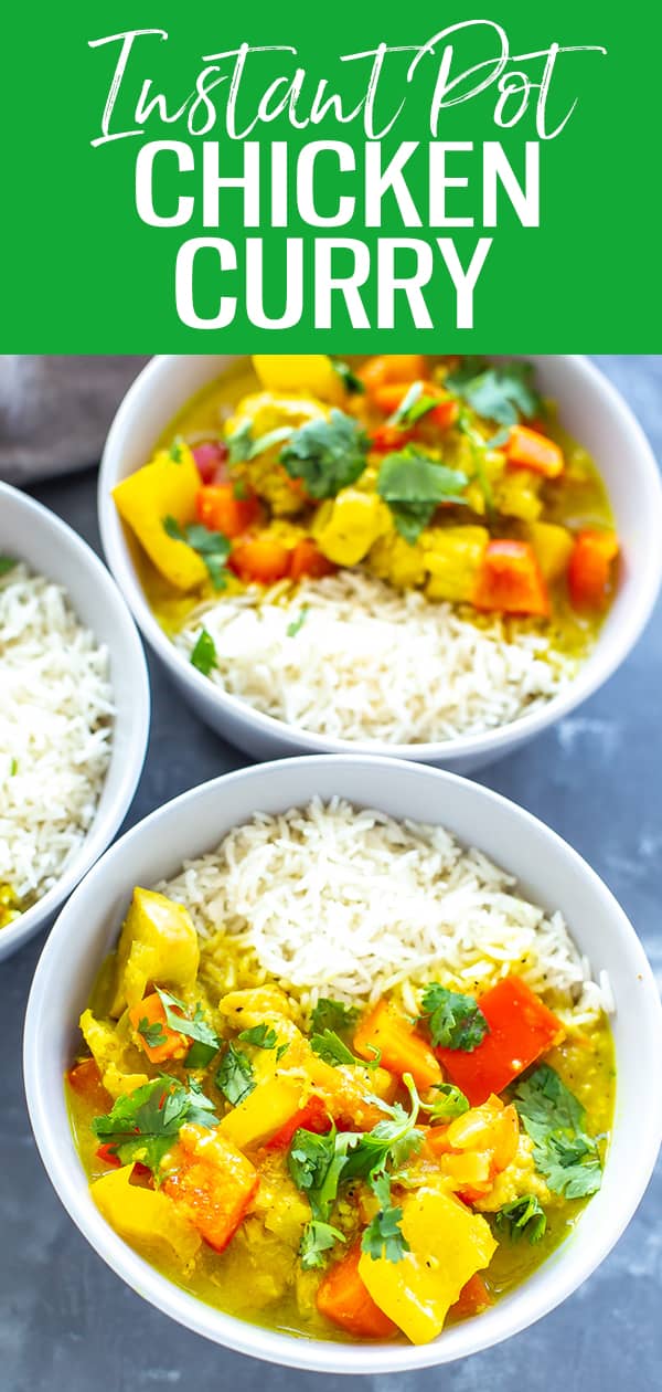 This Instant Pot Chicken Curry is filled with a creamy coconut sauce, loaded with veggies and served with basmati rice - it's a delicious 30-minute dinner! #instantpot #chickencurry