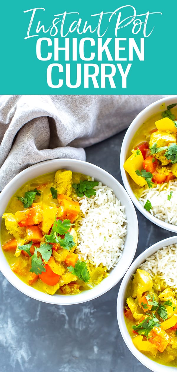 This Instant Pot Chicken Curry is filled with a creamy coconut sauce, loaded with veggies and served with basmati rice - it's a delicious 30-minute dinner! #instantpot #chickencurry