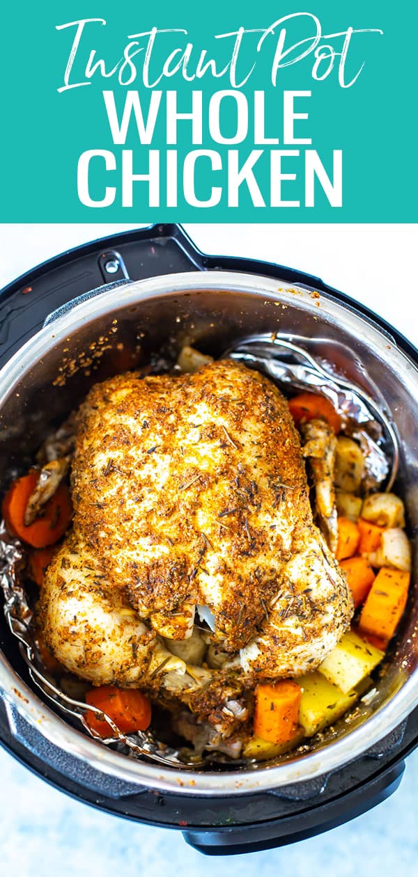 This is the easiest Instant Pot Whole Chicken you'll ever make! The spice rub is just like rotisserie chicken and you can cook the vegetables at the same time. #instantpot #wholechicken