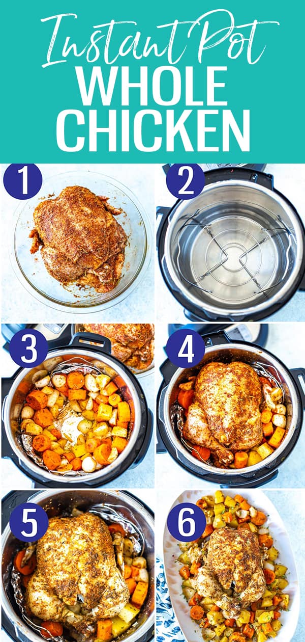 This is the easiest Instant Pot Whole Chicken you'll ever make! The spice rub is just like rotisserie chicken and you can cook the vegetables at the same time. #instantpot #wholechicken
