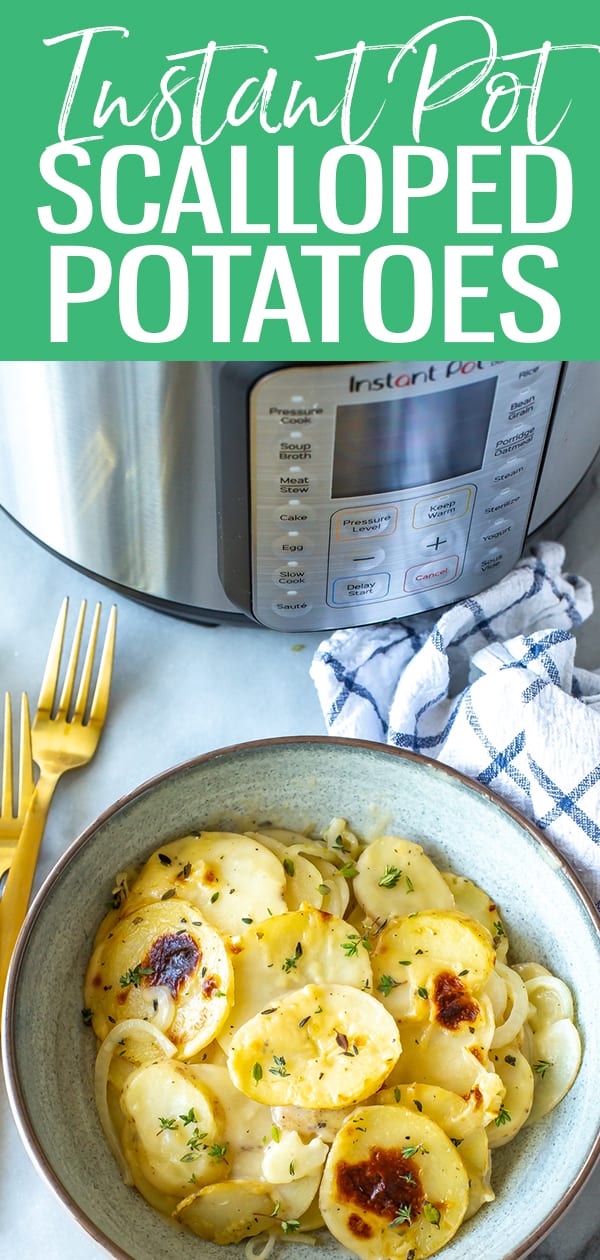 These Instant Pot Scalloped Potatoes are super cheesy, creamy and delicious - all you need is a cake pan to cook this easy holiday side dish! #instantpot #scallopedpotatoes