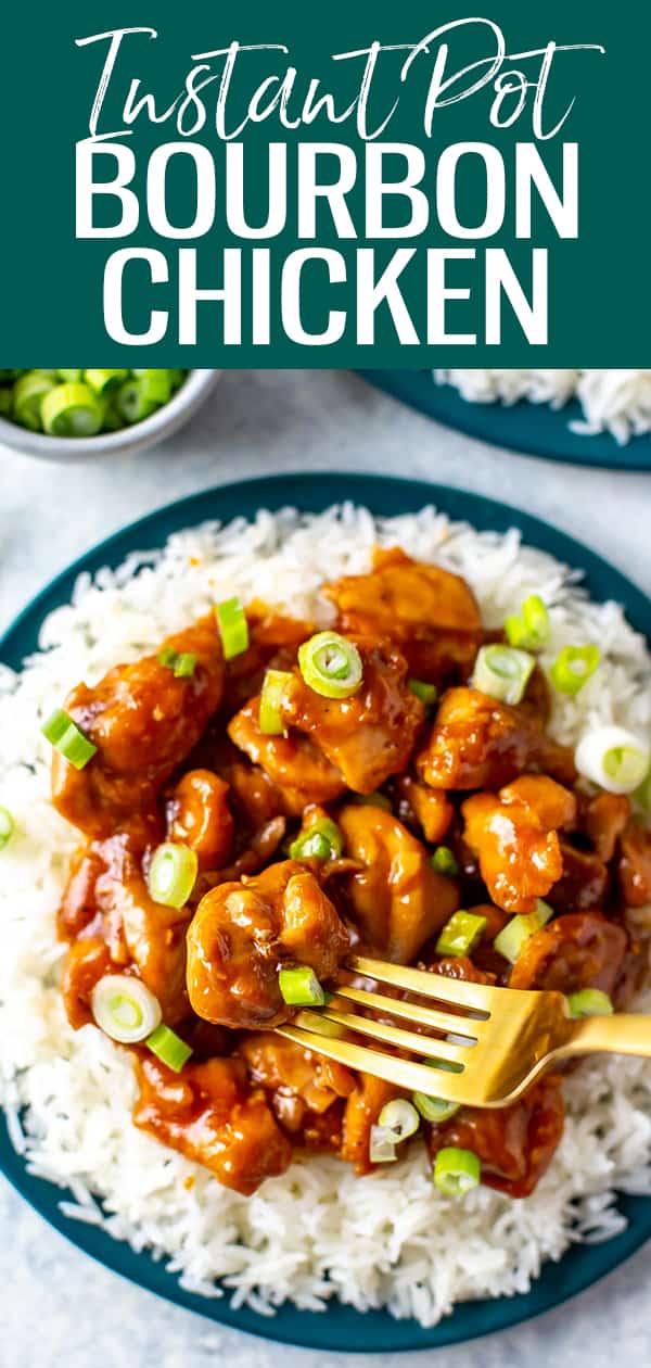 This Instant Pot Bourbon Chicken is a delicious sticky-sweet chicken served on a bed of rice. The dish is named after Bourbon Street in New Orleans! #instantpot #bourbonchicken