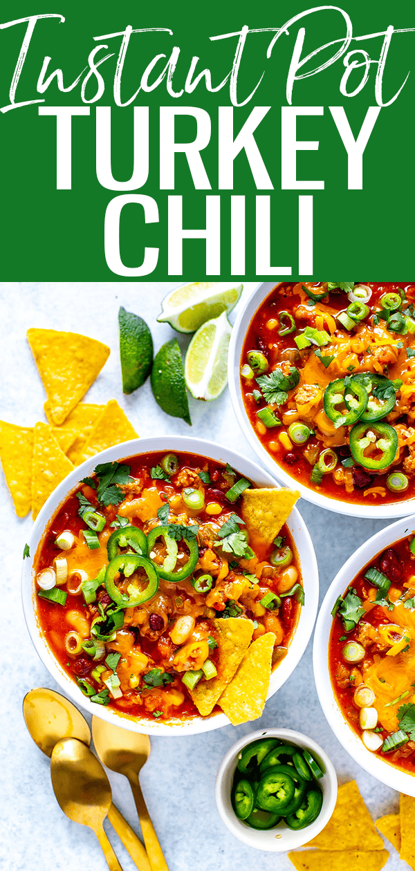 This Instant Pot Turkey Chili is a comfort food classic made healthier thanks to lean ground turkey. This classic dish is ready in just 30 minutes! #instantpot #turkeychili