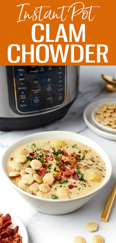 This Instant Pot New England Clam Chowder is so thick, creamy, and delicious - it's made easy with canned clams, bacon, and potatoes! #instantpot #clamchowder