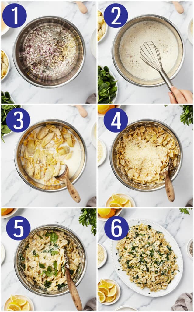 Step-by-step instruction collage for Instant Pot spinach artichoke pasta: saute red onion and garlic, add chicken broth, cream cheese and milk, add artichoke hearts and pasta, cover and cook, stir in parmesan, lemon juice, and baby spinach, serve.  