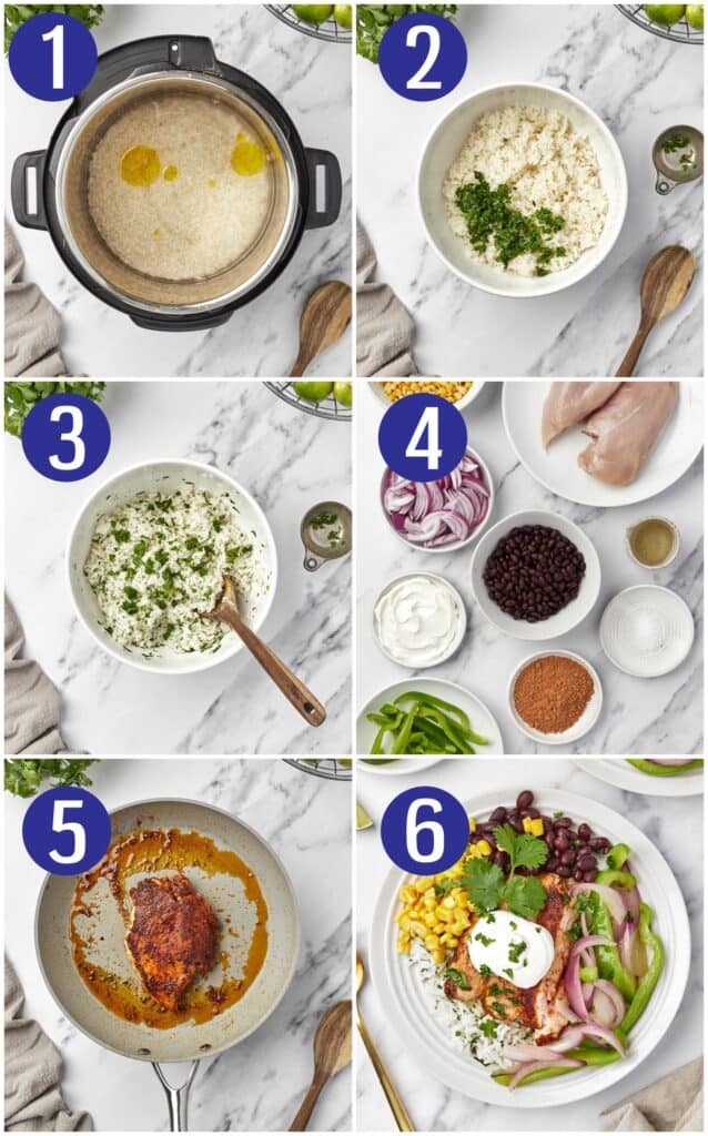 Step by step collage for Instant Pot cilantro lime rice bowls: Make rice in instant pot, add lime juice and cilantro, mix rice, prepare ingredients for bowls, cook ingredients for bowls, then assemble burrito bowls. 