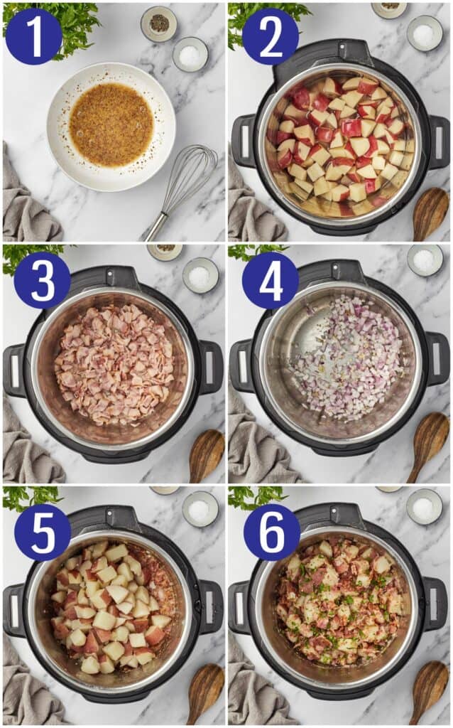 Step by step collage for making Instant Pot German potato salad: make dressing, cook potatoes, cook bacon, saute onion and garlic, mix everything together, let rest before eating.