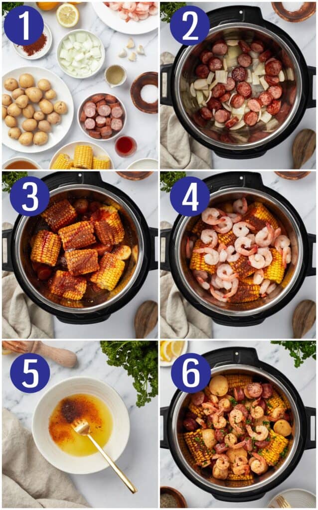 Step by step instructions for making Instant Pot Cajun shrimp boil: prep ingredients, cook sausage and onions, add corn and seasoning, add shrimp, make butter drizzle, add butter drizzle to shrimp boil.