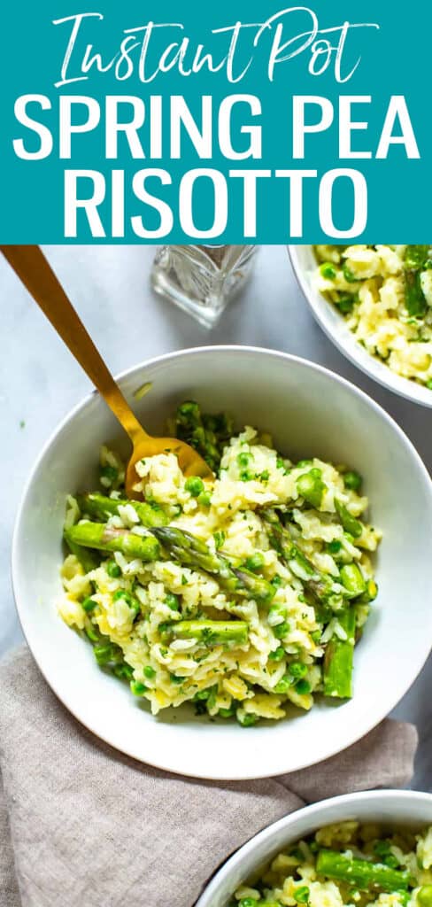 This Spring Pea Instant Pot Risotto is super easy to make – it’s rich and creamy with spring peas, asparagus and fresh parmesan cheese! #instantpot #springpea #risotto