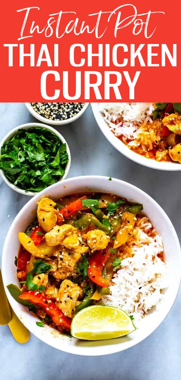 This Instant Pot Thai Chicken Curry is a 30-minute meal idea made easy thanks to store-bought red curry paste, coconut milk and bell peppers! #instantpot #chickencurry #thaicurry