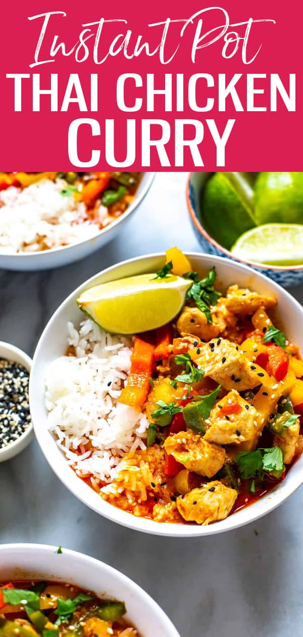 This Instant Pot Thai Chicken Curry is a 30-minute meal idea made easy thanks to store-bought red curry paste, coconut milk and bell peppers! #instantpot #chickencurry #thaicurry