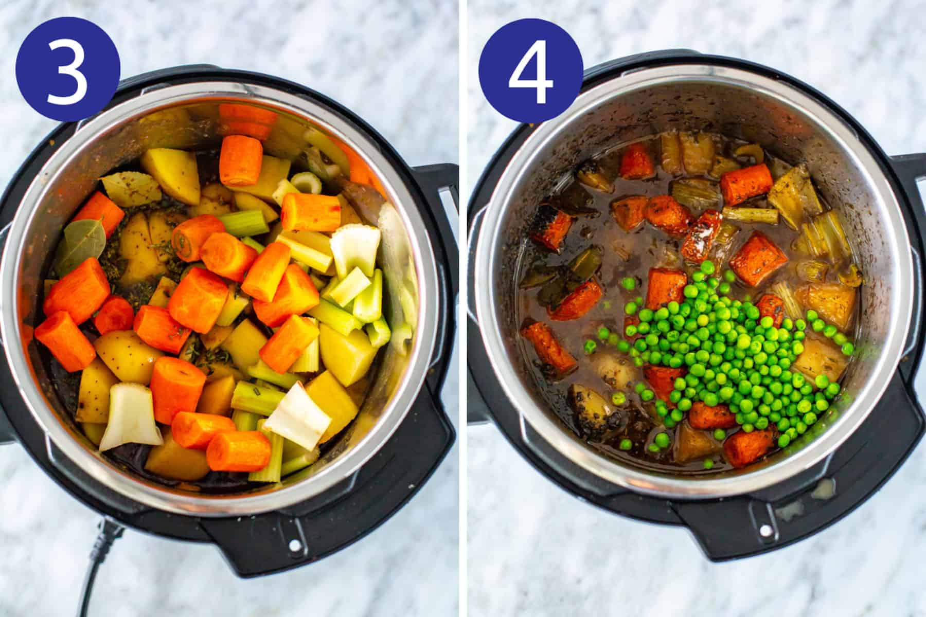 Steps 3 and 4 for making Instant Pot beef stew: Add all other ingredients (except peas, water and constarch) and cook. Release pressure and add in peas.