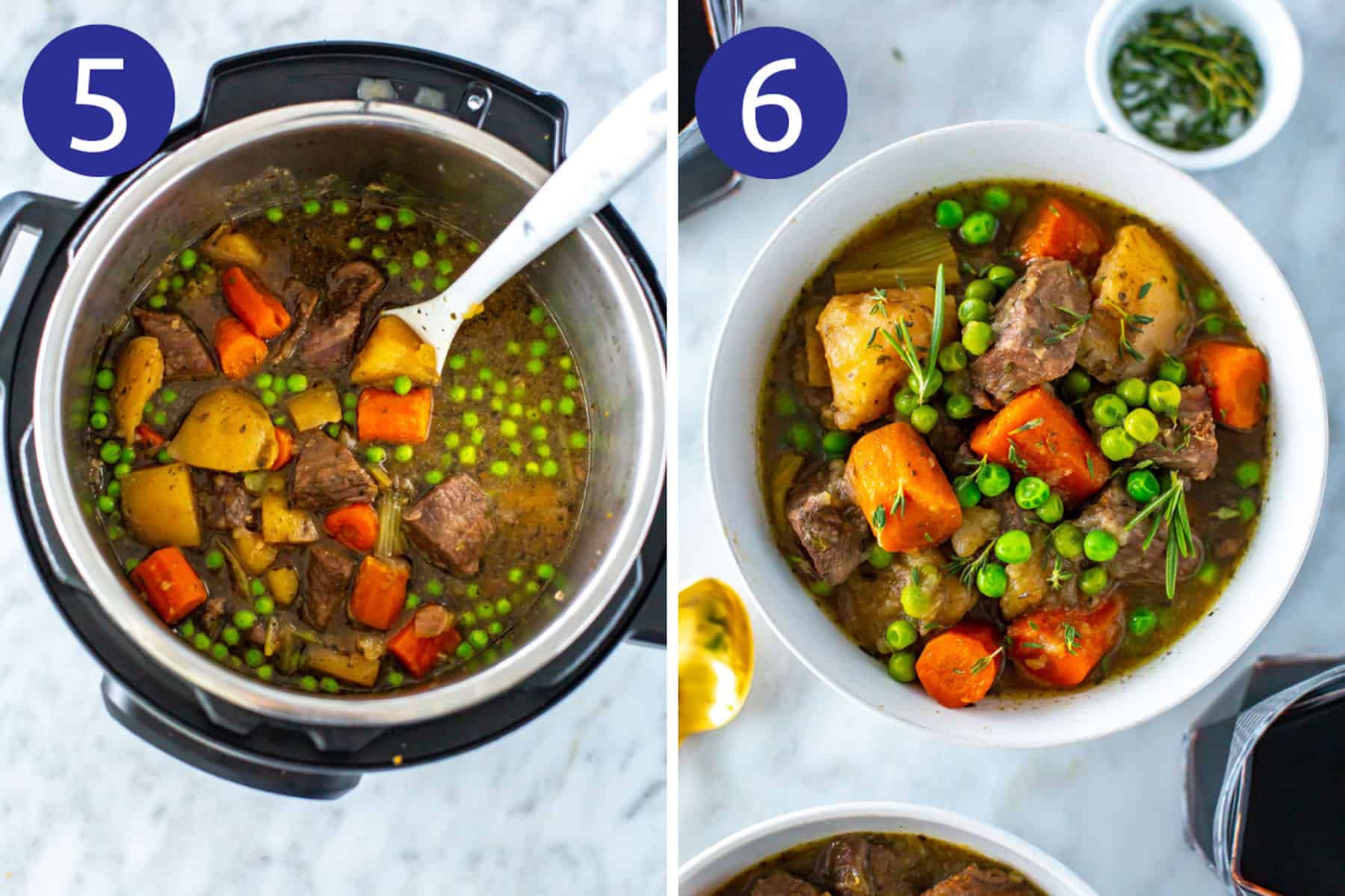 Steps 5 and 6 for making Instant Pot beef stew: Make gravy thicker with a cornstarch slurry then serve and garnish with herbs.