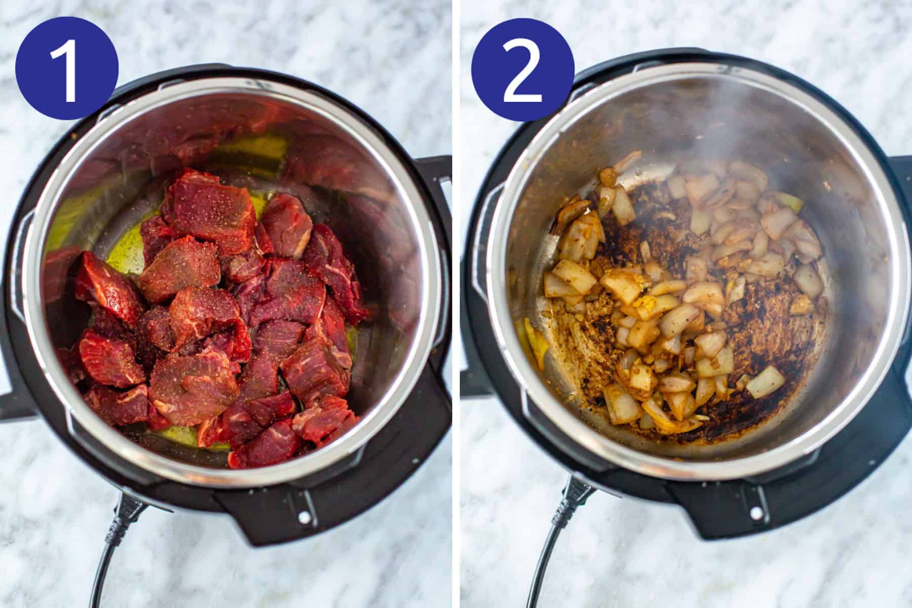 Steps 1 and 2 for making Instant Pot beef stew: Sear beef then saute onions.