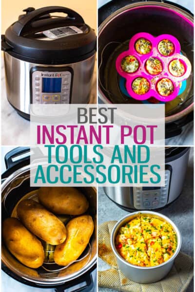 A collage of different Instant Pot accessories with the text "Best Instant Pot Tools and Accessories" layered over top.
