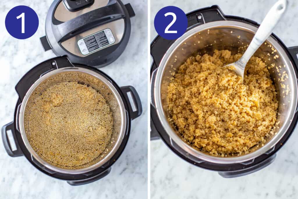 Steps 1 and 2 for making Instant Pot quinoa: Add quinoa, olive oil, water and salt to Instant Pot then cook on high pressure for 2 minutes.
