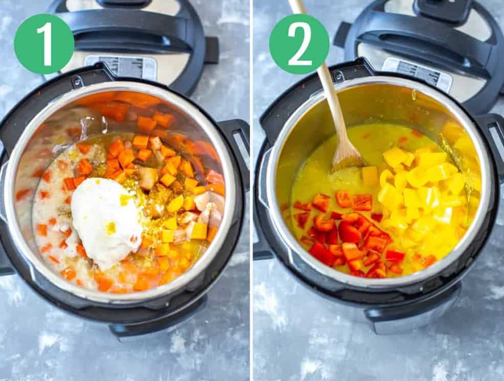 Steps 1 and 2 for Instant Pot chicken curry
