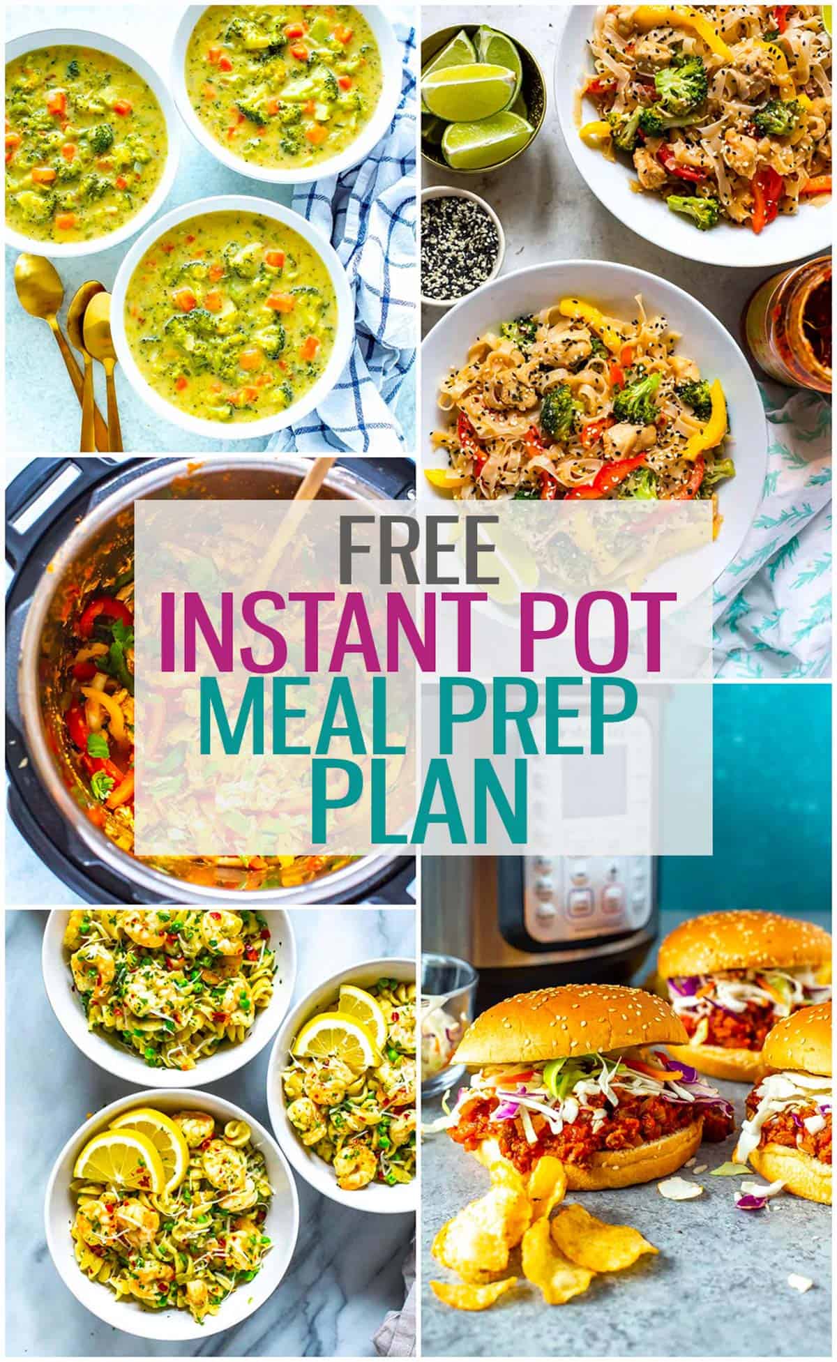 A collage of 5 different Instant Pot recipes with the text "Free Instant Pot Meal Prep Plan" layered over top.