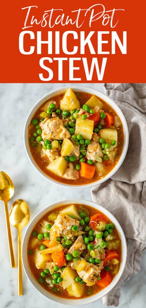 This Instant Pot Chicken Stew is so easy to make! It's a rich, thick and hearty dinner filled with chicken, vegetables and herbs. #instantpot #chickenstew