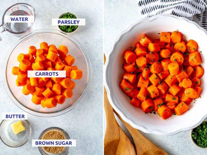 Ingredients for Instant Pot carrots: water, parsley, carrots, butter and brown sugar